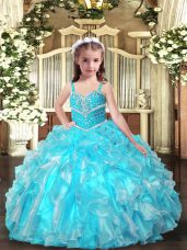 Eye-catching Floor Length Aqua Blue Kids Pageant Dress Straps Sleeveless Lace Up