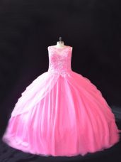 Rose Pink Ball Gowns Beading Quinceanera Dresses Lace Up Tulle Sleeveless