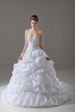 Classical White Taffeta Lace Up Wedding Dresses Sleeveless Brush Train Beading and Pick Ups