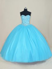 Artistic Aqua Blue Ball Gowns Sweetheart Sleeveless Tulle Floor Length Lace Up Beading Sweet 16 Quinceanera Dress