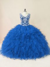 Blue Sleeveless Tulle Backless Quinceanera Dresses for Sweet 16 and Quinceanera