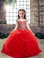 Red Little Girls Pageant Dress Party and Wedding Party with Beading and Ruffles Off The Shoulder Sleeveless Lace Up