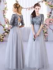 Sweet Grey Empire Appliques Bridesmaid Dress Lace Up Tulle Half Sleeves Floor Length