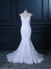 Sleeveless Tulle Brush Train Clasp Handle Wedding Gown in White with Beading and Lace