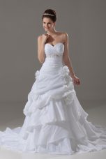 Amazing White A-line Beading and Pick Ups and Hand Made Flower Wedding Gowns Lace Up Taffeta Sleeveless