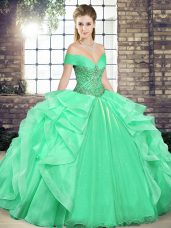 Wonderful Apple Green Sleeveless Beading and Ruffles Floor Length Sweet 16 Dress