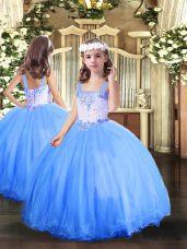Floor Length Baby Blue Little Girl Pageant Dress Tulle Sleeveless Beading