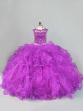 Perfect Scoop Sleeveless Quinceanera Gown Floor Length Beading and Ruffles Purple Tulle