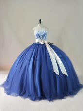 Graceful Sleeveless Brush Train Lace Up Appliques and Sashes ribbons and Bowknot Quinceanera Gown