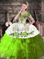 Sexy Green Ball Gowns Off The Shoulder Sleeveless Organza Floor Length Lace Up Embroidery and Ruffles 15th Birthday Dress