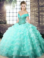High End Apple Green Sleeveless Organza Brush Train Lace Up Quinceanera Dresses for Military Ball and Sweet 16 and Quinceanera
