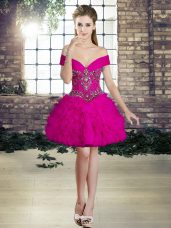 Fuchsia Homecoming Dress Prom and Party with Beading and Ruffles Off The Shoulder Sleeveless Lace Up