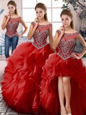 Deluxe Floor Length Red Quince Ball Gowns Scoop Sleeveless Zipper