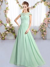 Apple Green Empire Chiffon Scoop Cap Sleeves Lace Floor Length Clasp Handle Quinceanera Court of Honor Dress