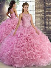 Sleeveless Fabric With Rolling Flowers Floor Length Lace Up 15th Birthday Dress in Rose Pink with Beading