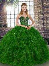 Floor Length Lace Up 15th Birthday Dress Green for Military Ball and Sweet 16 and Quinceanera with Beading and Ruffles