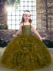 Admirable Straps Sleeveless Little Girls Pageant Gowns Floor Length Beading and Ruffles Olive Green Organza