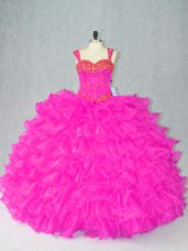 Custom Design Fuchsia Straps Lace Up Beading and Ruffles Quinceanera Dress Sleeveless