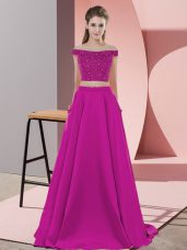 Fuchsia Sleeveless Elastic Woven Satin Sweep Train Backless for Prom and Party