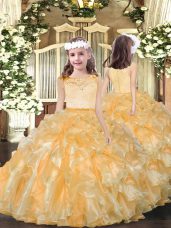 Organza Scoop Sleeveless Zipper Beading and Ruffles Pageant Dress in Gold