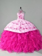 Organza Halter Top Sleeveless Court Train Lace Up Embroidery and Ruffles Sweet 16 Dresses in Hot Pink