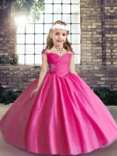 Hot Pink Ball Gowns Straps Sleeveless Tulle Floor Length Lace Up Beading Girls Pageant Dresses