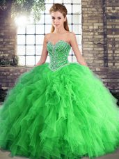 Sweetheart Sleeveless Lace Up Quince Ball Gowns Green Tulle