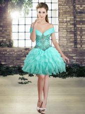 Affordable Sleeveless Organza Mini Length Lace Up Cocktail Dresses in Aqua Blue with Beading and Ruffles