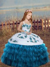Straps Sleeveless Lace Up Embroidery and Ruffled Layers Little Girls Pageant Gowns in Blue