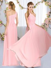 Custom Design Baby Pink Sleeveless Floor Length Ruching Lace Up Wedding Guest Dresses