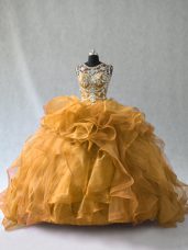 Luxurious Gold Lace Up Sweet 16 Dress Beading and Ruffles Sleeveless Floor Length