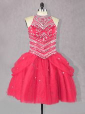 Classical Sleeveless Mini Length Beading Lace Up Pageant Dress Wholesale with Coral Red