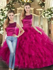 Fashion Fuchsia Scoop Lace Up Ruffles Quinceanera Dress Sleeveless