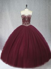High Class Floor Length Lace Up Quinceanera Dress Burgundy for Sweet 16 and Quinceanera with Beading
