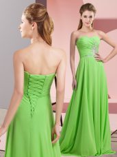 Empire Sweetheart Long Sleeves Chiffon Floor Length Lace Up Beading and Ruching