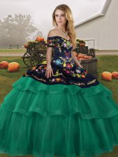Glamorous Off The Shoulder Sleeveless Sweet 16 Dress Brush Train Embroidery and Ruffled Layers Green Tulle