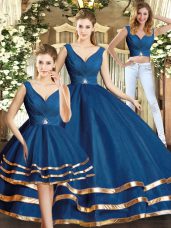 Navy Blue Sleeveless Tulle Backless Ball Gown Prom Dress for Military Ball and Sweet 16 and Quinceanera
