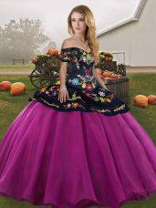 Perfect Fuchsia Lace Up Off The Shoulder Embroidery Quince Ball Gowns Tulle Sleeveless