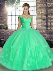 Dynamic Off The Shoulder Sleeveless Lace Up Quinceanera Gowns Turquoise and Apple Green Tulle