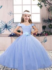 Light Blue Tulle Lace Up Off The Shoulder Sleeveless Floor Length Glitz Pageant Dress Lace and Belt