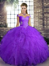 Traditional Purple Sleeveless Tulle Lace Up Quinceanera Gown for Military Ball and Sweet 16 and Quinceanera
