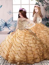 Gold Lace Up Little Girls Pageant Dress Beading and Ruffled Layers Sleeveless Court Train
