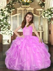 Trendy Floor Length Lace Up Child Pageant Dress Lilac for Party and Sweet 16 and Wedding Party with Ruffled Layers