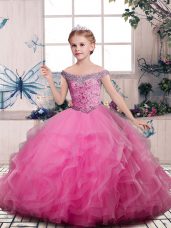 Pink V-neck Neckline Beading and Ruffles Little Girls Pageant Gowns Sleeveless Lace Up