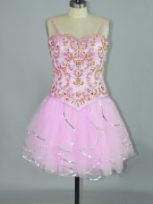 Rose Pink Spaghetti Straps Neckline Beading and Ruffles Dress for Prom Sleeveless Lace Up