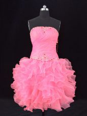 Inexpensive Rose Pink Organza Lace Up Strapless Sleeveless Prom Party Dress Beading and Ruching