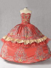 Sweetheart Sleeveless Lace Up Vestidos de Quinceanera Rust Red Satin and Organza
