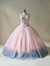 Low Price Pink Tulle Lace Up Quince Ball Gowns Sleeveless Floor Length Beading and Appliques