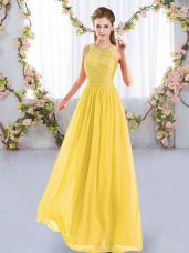 Dramatic Gold Chiffon Zipper Bridesmaid Dresses Sleeveless Floor Length Lace