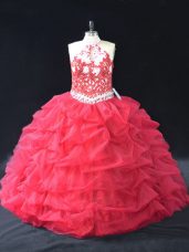 Sleeveless Organza Floor Length Backless 15th Birthday Dress in Red with Beading and Lace